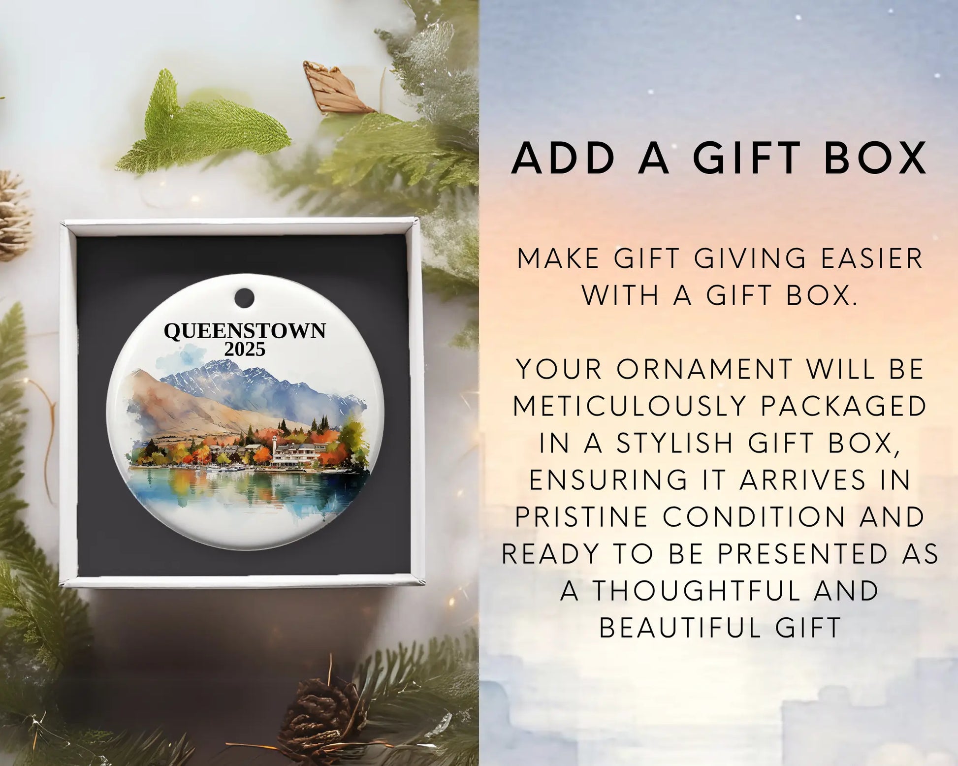 Custom Queenstown New Zealand ceramic photo ornament with personalized message – handmade Christmas bauble, gift souvenir, or vacation keepsake. Add gift box