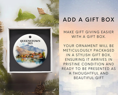 Custom Queenstown New Zealand ceramic photo ornament with personalized message – handmade Christmas bauble, gift souvenir, or vacation keepsake. Add gift box