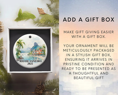 Custom Rio De Janeiro Brazil ceramic photo ornament with personalized message – handmade Christmas bauble, gift souvenir, or vacation keepsake. Add gift box