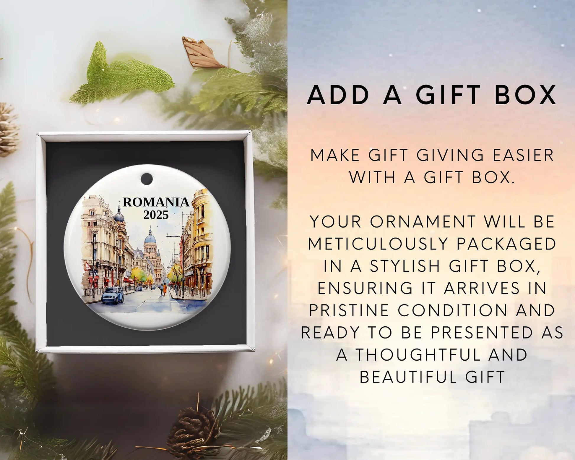 Custom Romania ceramic photo ornament with personalized message – handmade Christmas bauble, gift souvenir, or vacation keepsake. Add gift box