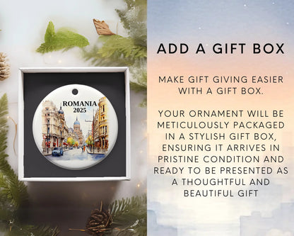 Custom Romania ceramic photo ornament with personalized message – handmade Christmas bauble, gift souvenir, or vacation keepsake. Add gift box