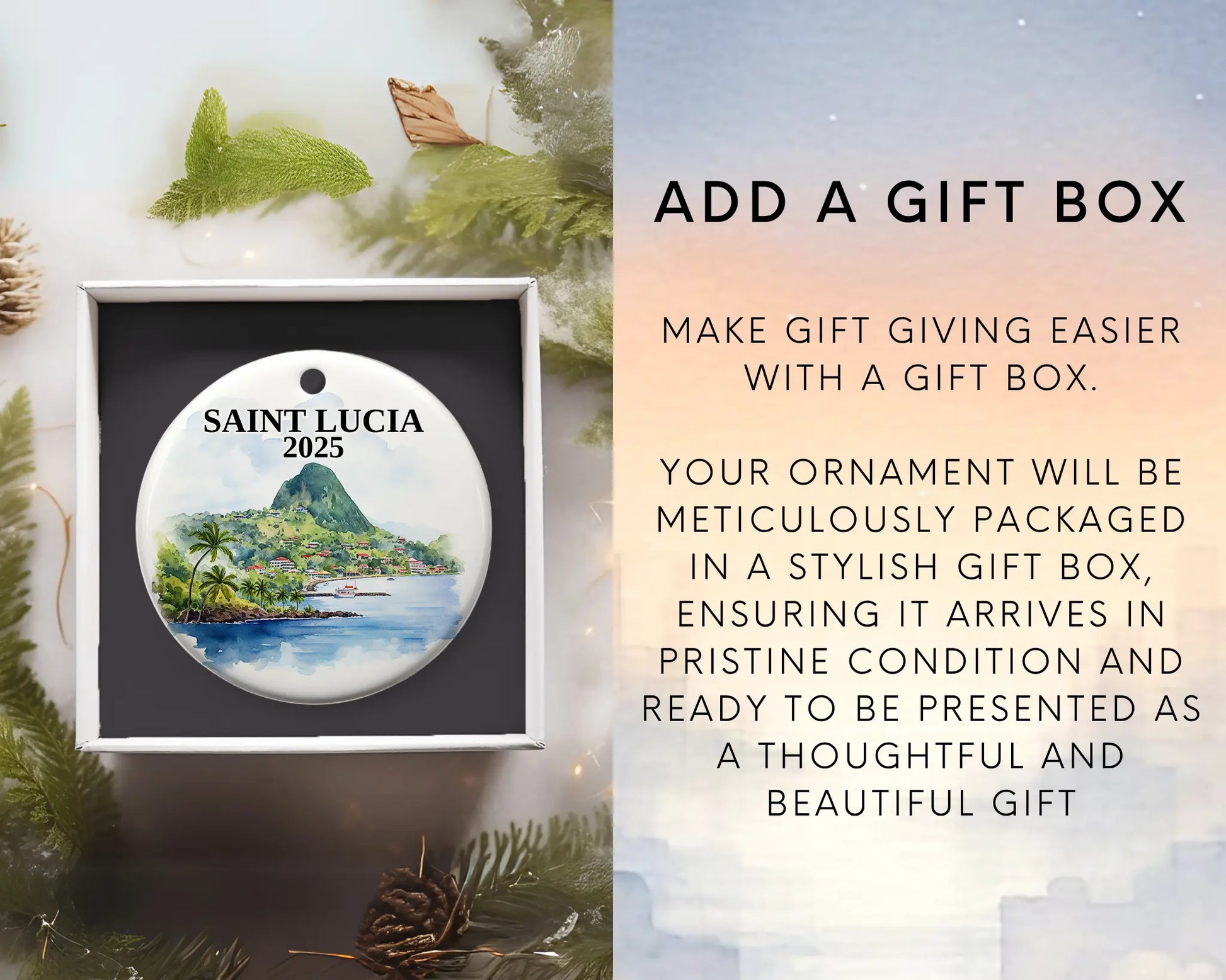 Custom Saint Lucia ceramic photo ornament with personalized message – handmade Christmas bauble, gift souvenir, or vacation keepsake. Add gift box