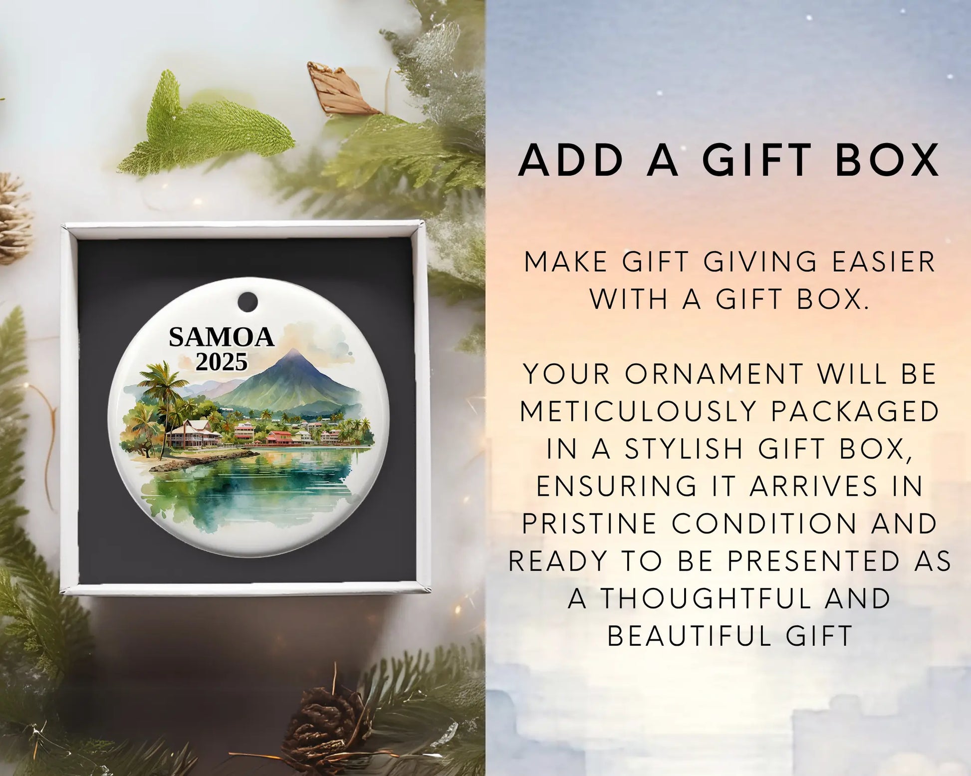 Custom Samoa ceramic photo ornament with personalized message – handmade Christmas bauble, gift souvenir, or vacation keepsake. Add gift box