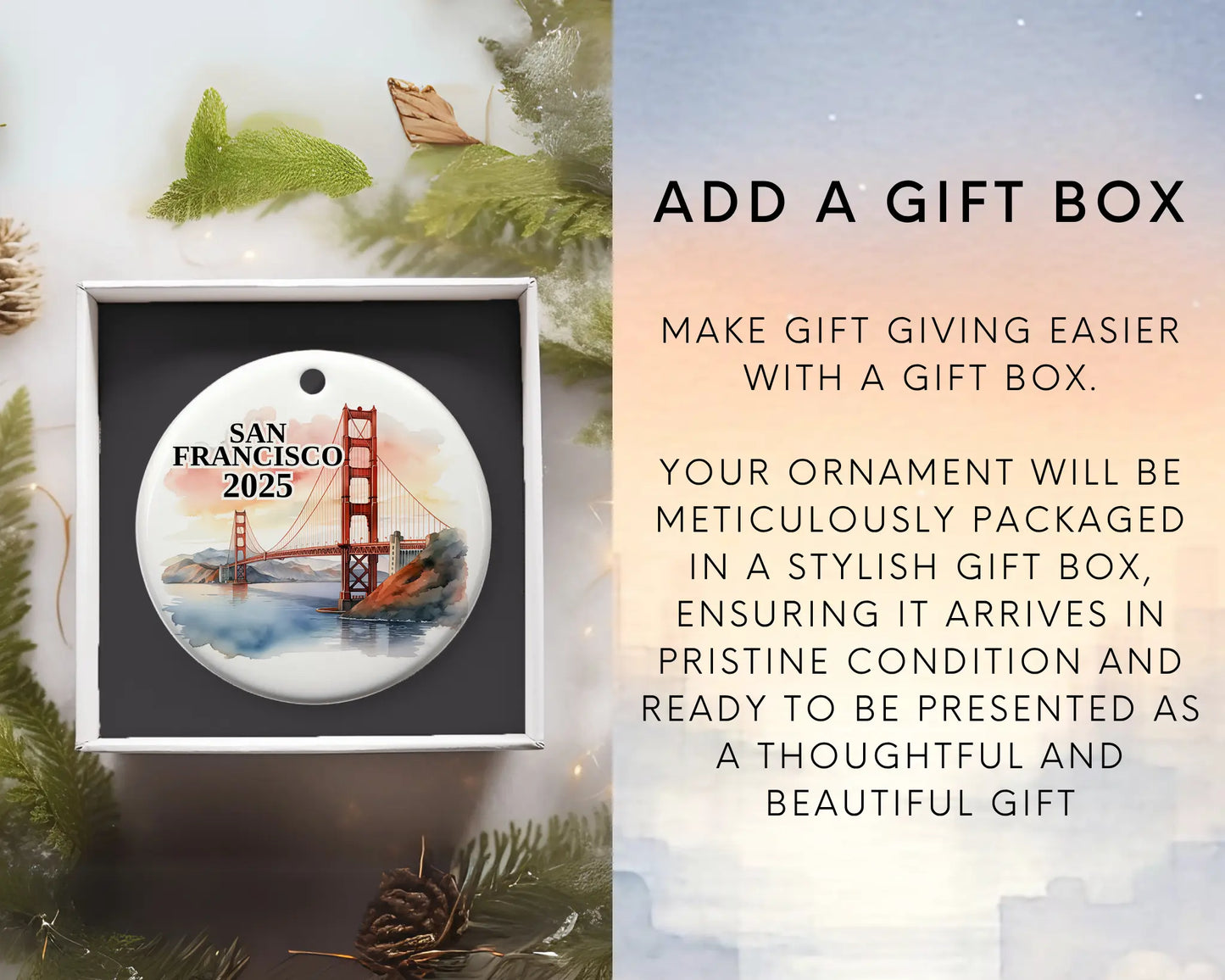 Custom San Francisco ceramic photo ornament with personalized message – handmade Christmas bauble, gift souvenir, or vacation keepsake. Add gift box