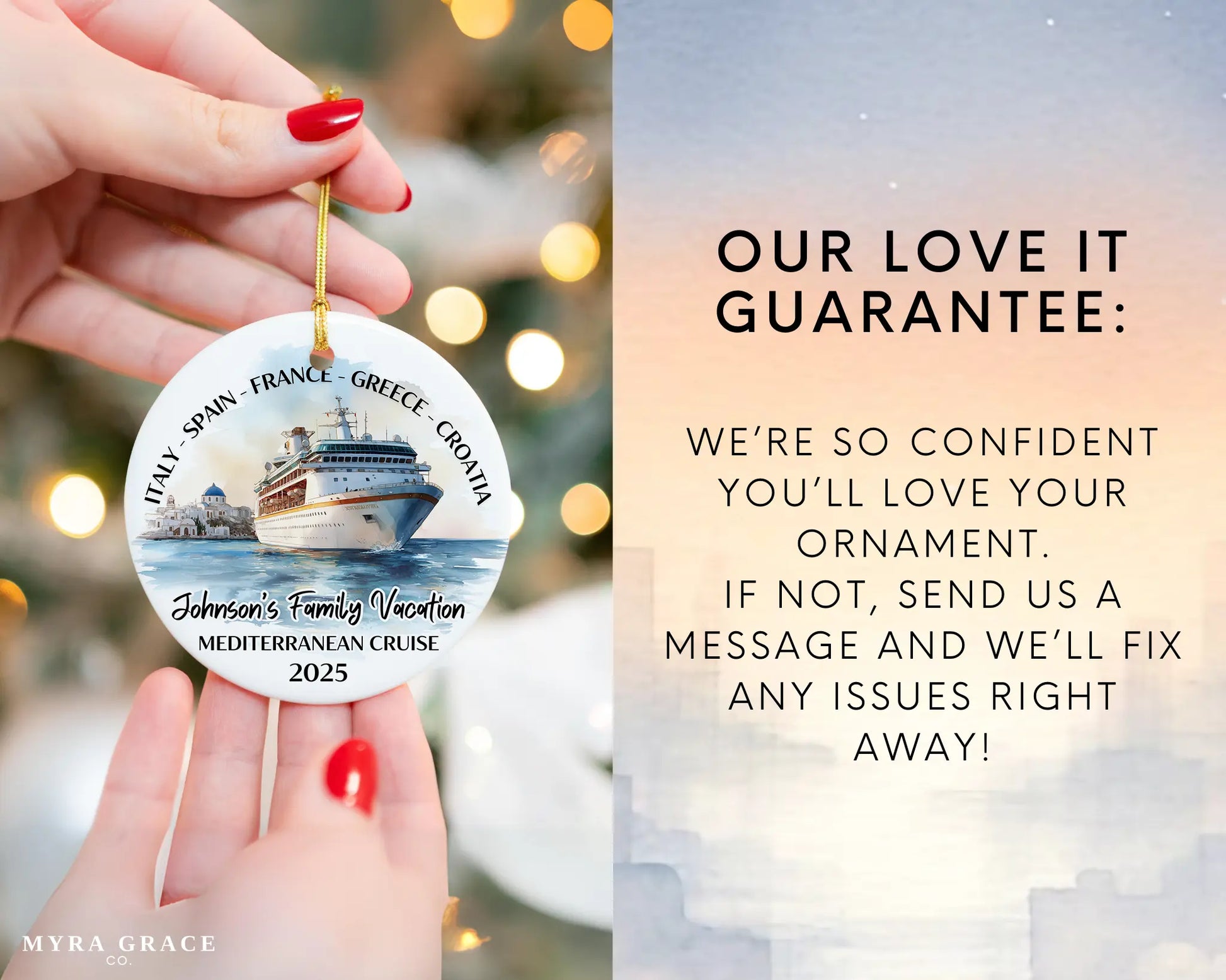 Handmade ceramic Mediterranean cruise ornament with personalized location and photo – custom Christmas bauble or cruise vacation souvenir.