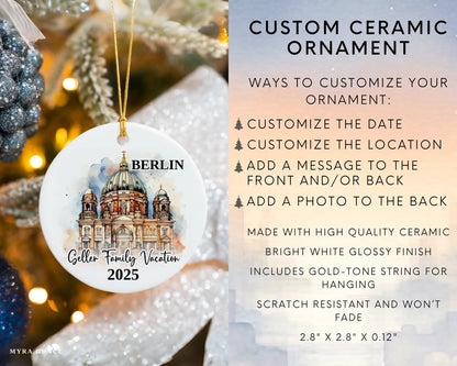 Custom vacation Berlin Germany ceramic photo ornament with personalized message – handmade Christmas bauble, gift souvenir, or vacation keepsake. Infographic