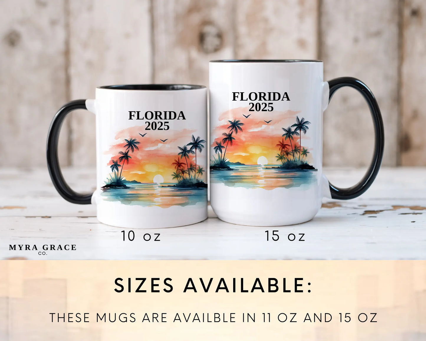 Custom ceramic Florida vacation mug with watercolor location design, date, and personal photo – personalized travel gift or photo mug. Sizes available