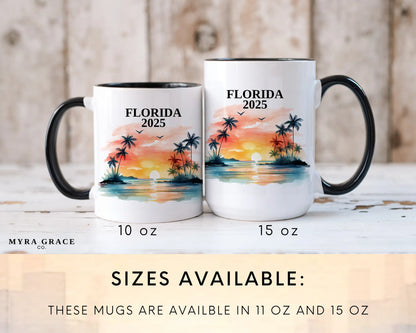 Custom ceramic Florida vacation mug with watercolor location design, date, and personal photo – personalized travel gift or photo mug. Sizes available