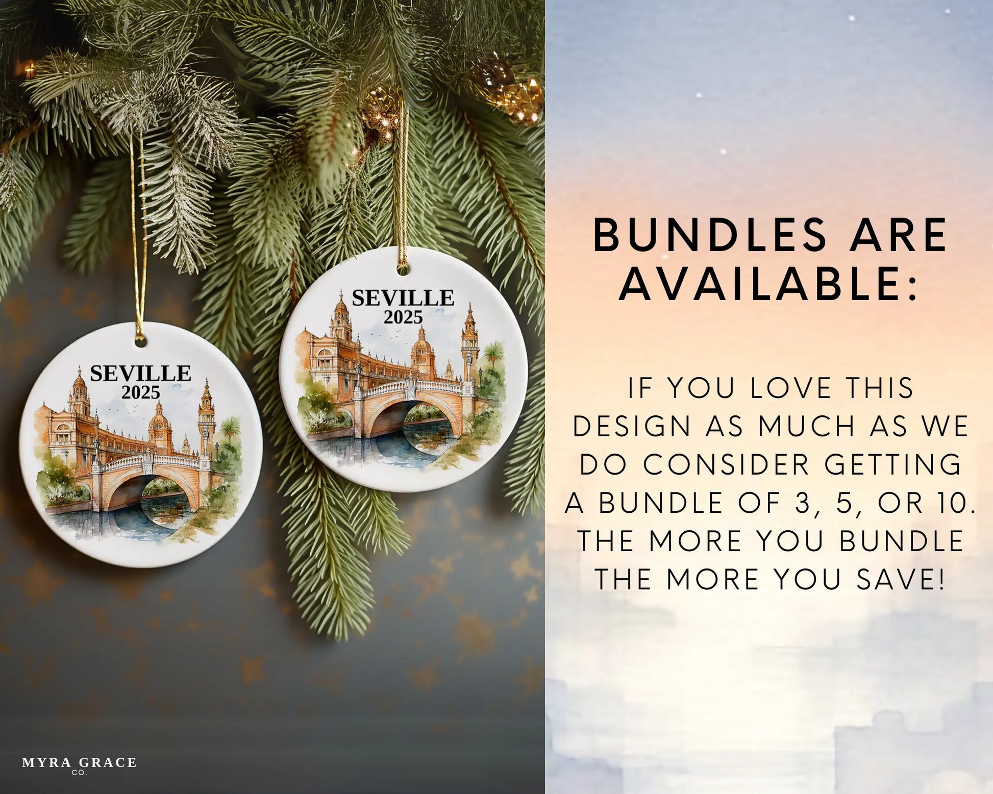 Seville Spain Ornament Custom Gift Souvenir Bauble. Custom Seville Spain ceramic photo ornament with personalized message – handmade Christmas bauble, gift souvenir, or vacation keepsake.  Bundles are available