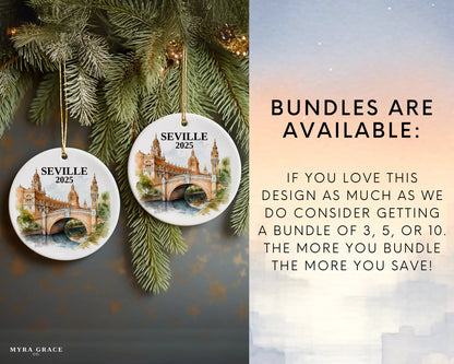 Seville Spain Ornament Custom Gift Souvenir Bauble. Custom Seville Spain ceramic photo ornament with personalized message – handmade Christmas bauble, gift souvenir, or vacation keepsake.  Bundles are available