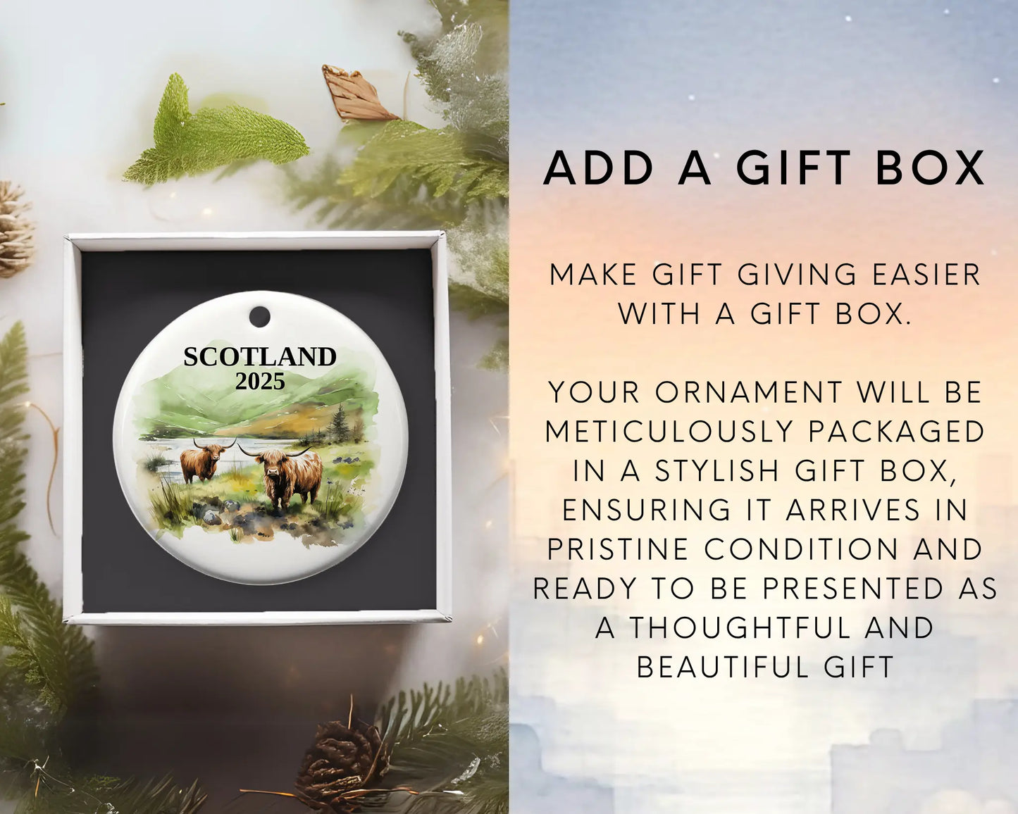 Custom Scotland Highland Cows ceramic photo ornament with personalized message – handmade Christmas bauble, gift souvenir, or vacation keepsake. Add gift box