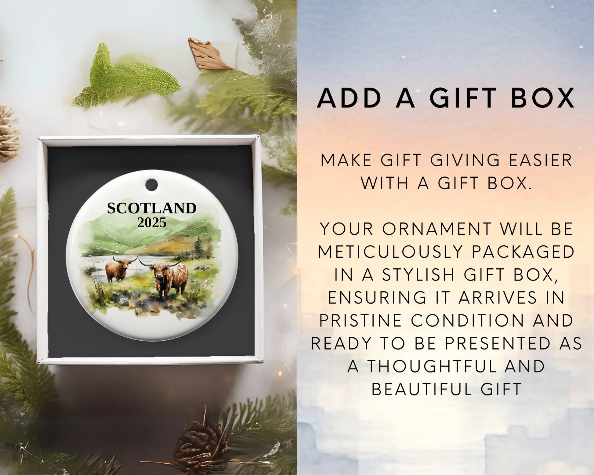 Custom Scotland Highland Cows ceramic photo ornament with personalized message – handmade Christmas bauble, gift souvenir, or vacation keepsake. Add gift box