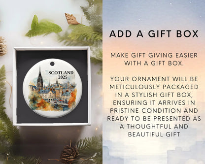 Custom Scotland Edinburgh ceramic photo ornament with personalized message – handmade Christmas bauble, gift souvenir, or vacation keepsake. Add gift box