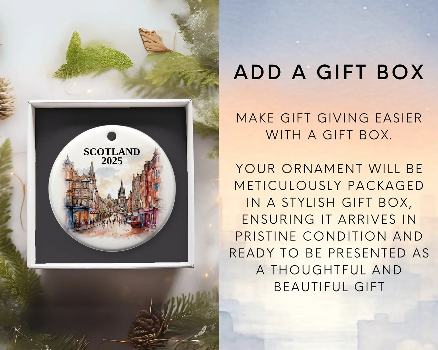Custom Scotland ceramic photo ornament with personalized message – handmade Christmas bauble, gift souvenir, or vacation keepsake. Add gift box
