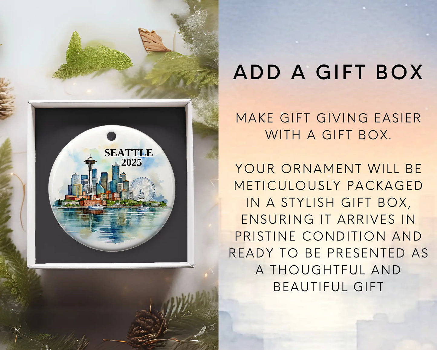 Custom Seattle ceramic photo ornament with personalized message – handmade Christmas bauble, gift souvenir, or vacation keepsake. Add gift box