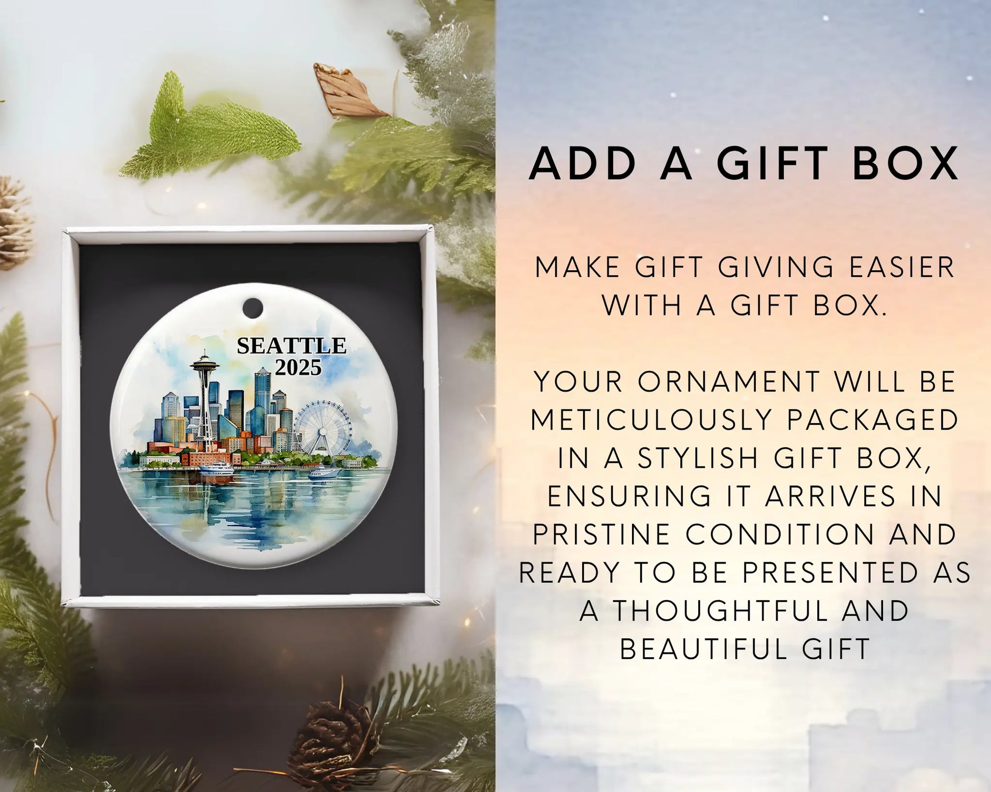Custom Seattle ceramic photo ornament with personalized message – handmade Christmas bauble, gift souvenir, or vacation keepsake. Add gift box
