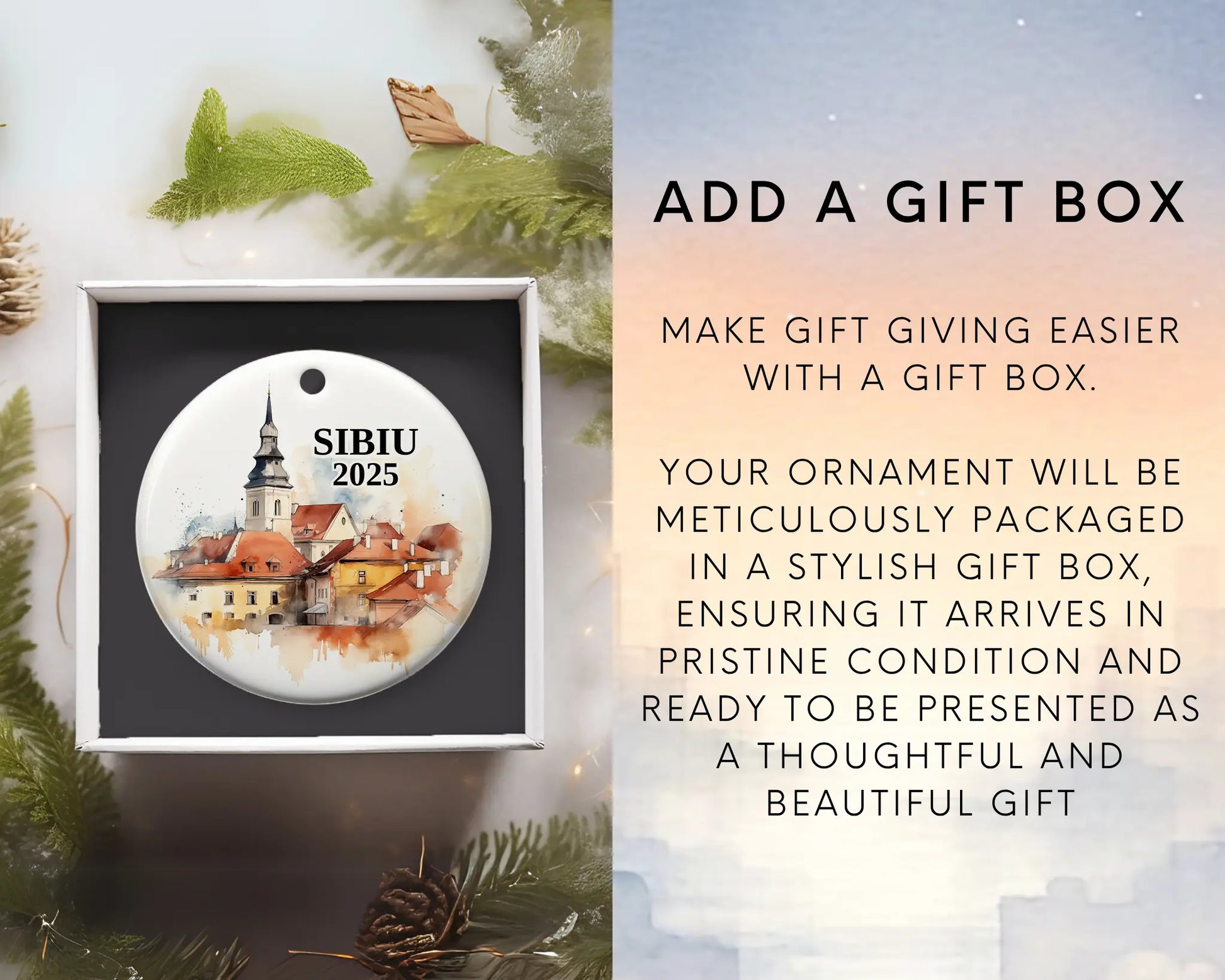 Custom Sibiu Romania ceramic photo ornament with personalized message – handmade Christmas bauble, gift souvenir, or vacation keepsake. Add gift box