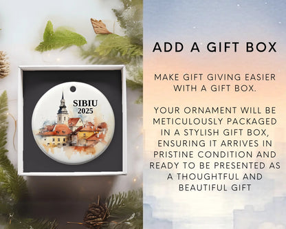Custom Sibiu Romania ceramic photo ornament with personalized message – handmade Christmas bauble, gift souvenir, or vacation keepsake. Add gift box