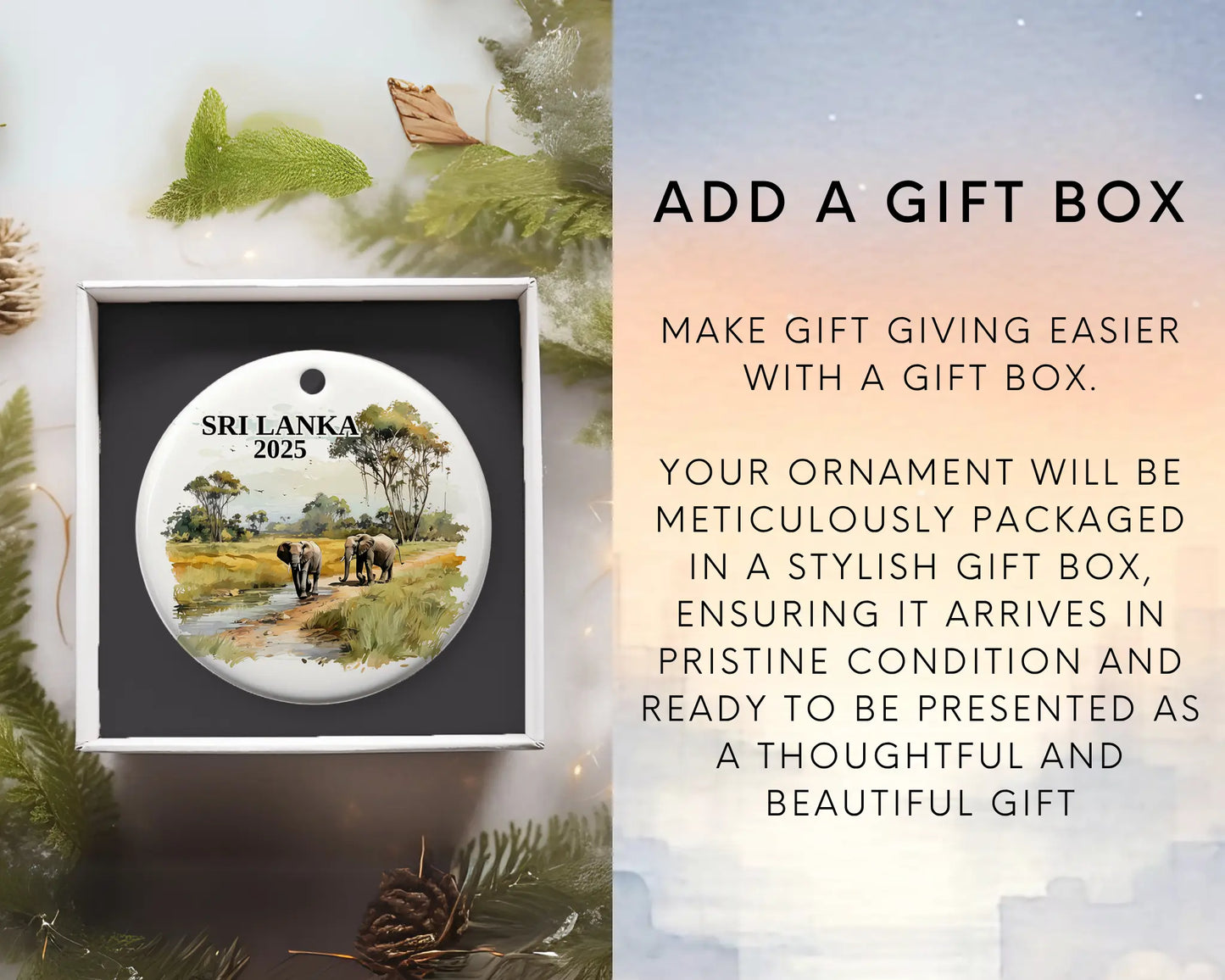 Custom Sri Lanka ceramic photo ornament with personalized message – handmade Christmas bauble, gift souvenir, or vacation keepsake. Add gift box
