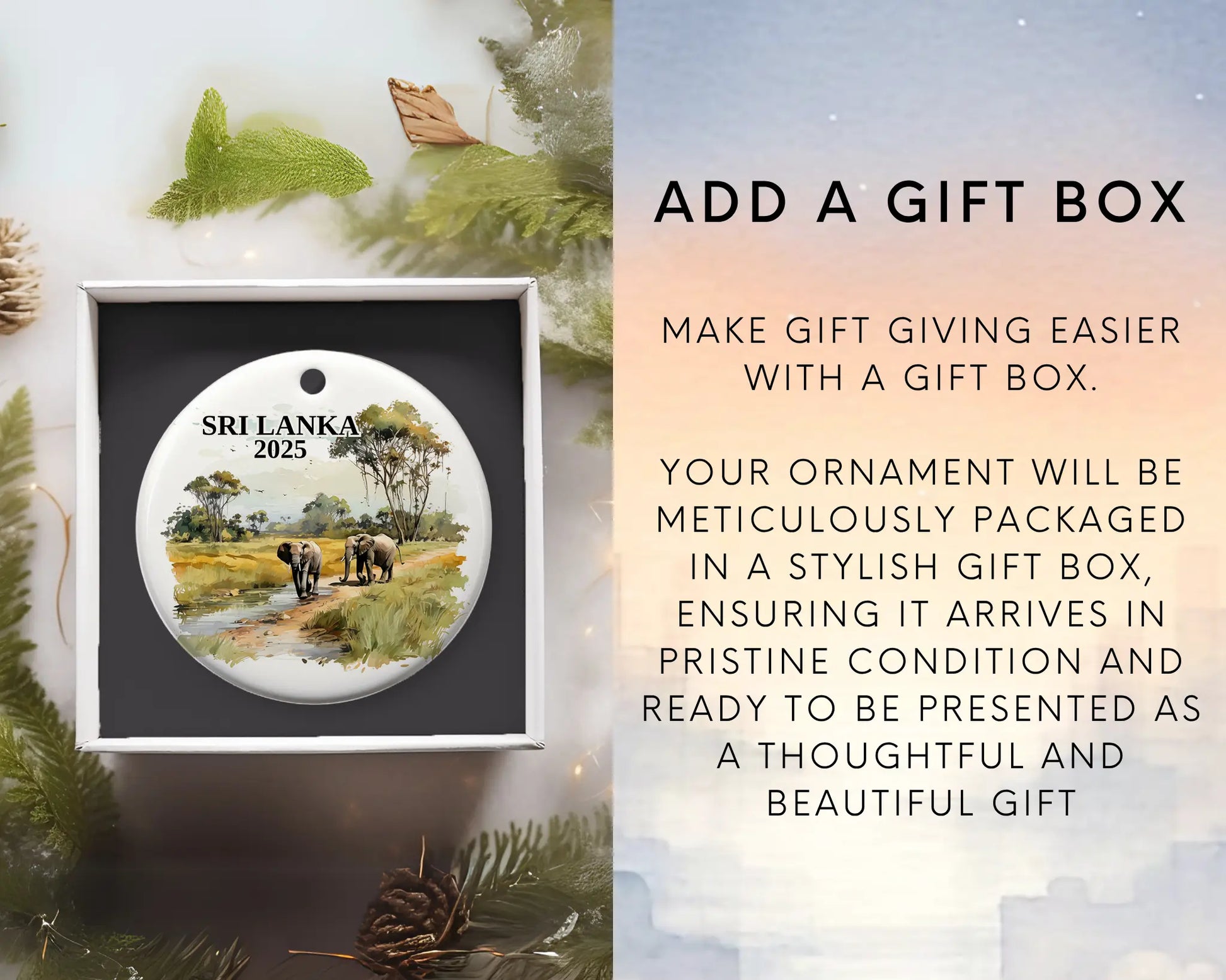 Custom Sri Lanka ceramic photo ornament with personalized message – handmade Christmas bauble, gift souvenir, or vacation keepsake. Add gift box