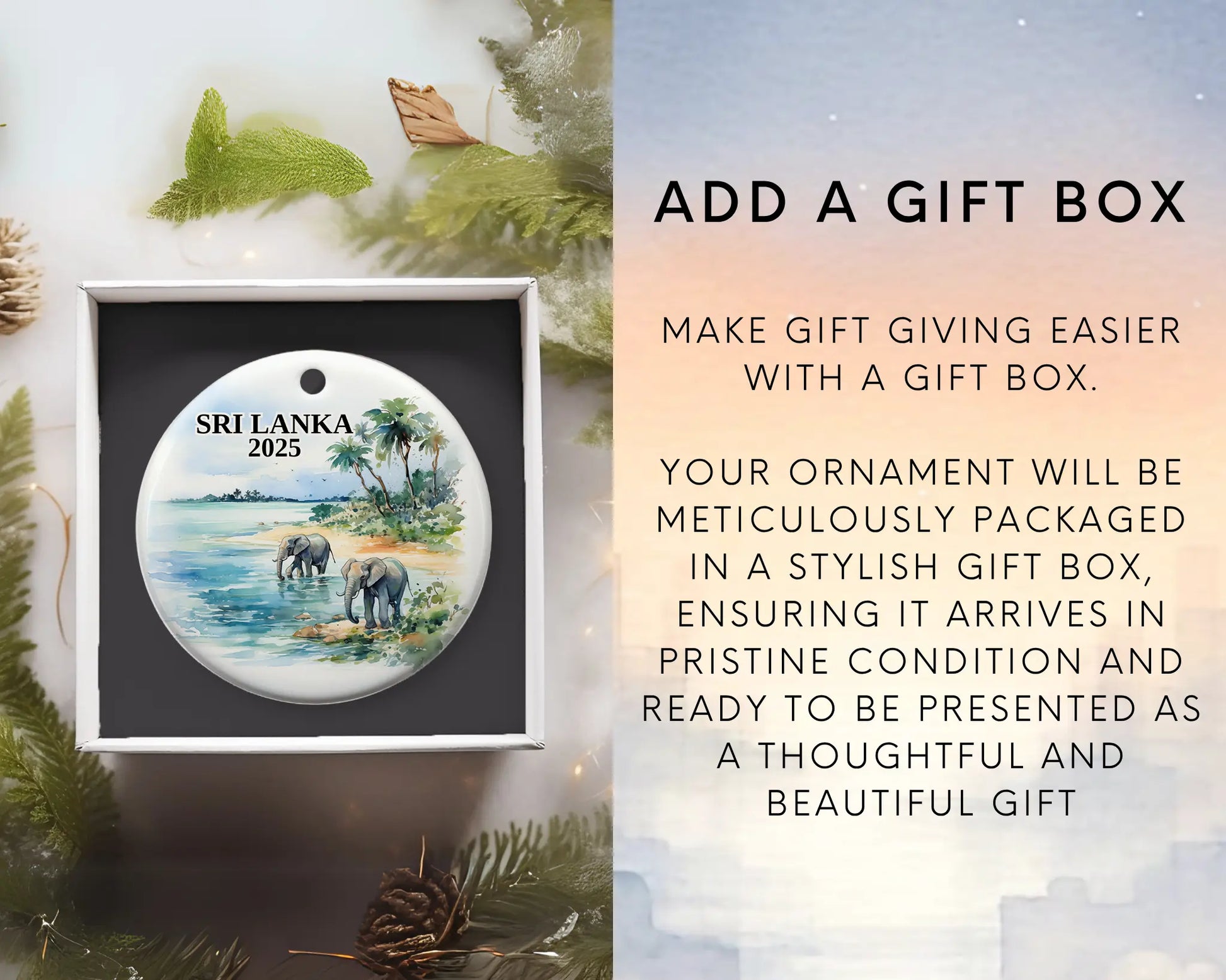 Custom Sri Lanka ceramic photo ornament with personalized message – handmade Christmas bauble, gift souvenir, or vacation keepsake. Add gift box