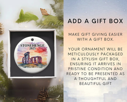 Custom Stonehenge ceramic photo ornament with personalized message – handmade Christmas bauble, gift souvenir, or vacation keepsake. Add gift box