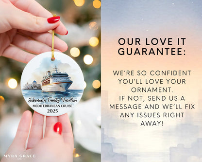 Handmade ceramic Mediterranean cruise ornament with personalized location and photo – custom Christmas bauble or cruise vacation souvenir. Love it gurantee