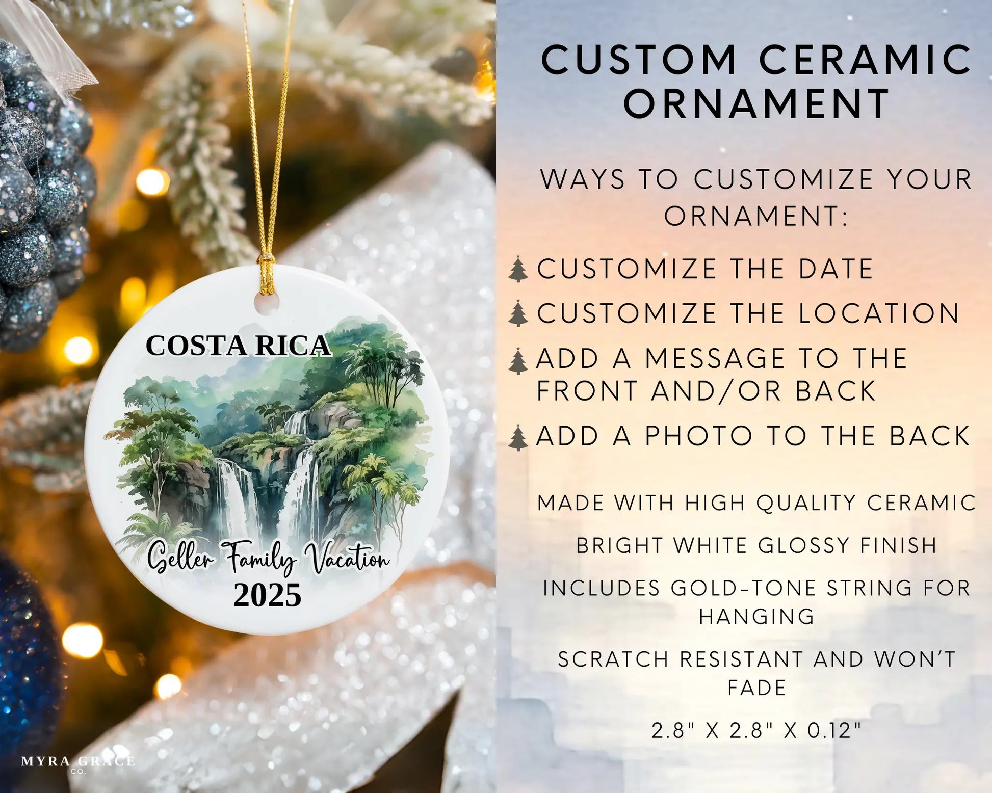 Custom vacation Paris ceramic photo ornament with personalized message – handmade Christmas bauble, gift souvenir, or vacation keepsake. Infographic