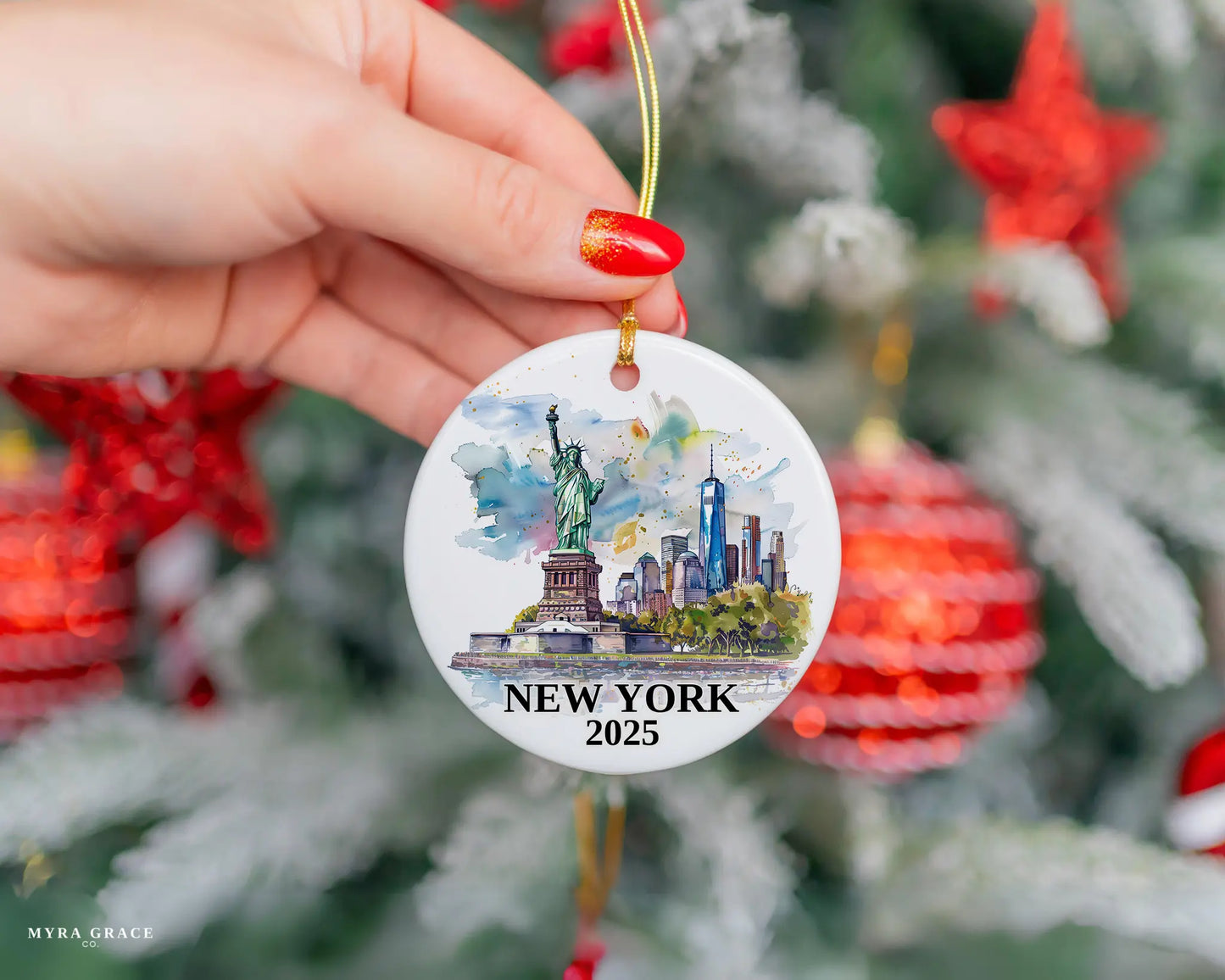 Custom New York Statue of Liberty ceramic photo ornament with personalized message – handmade Christmas bauble, gift souvenir, or vacation keepsake.  
