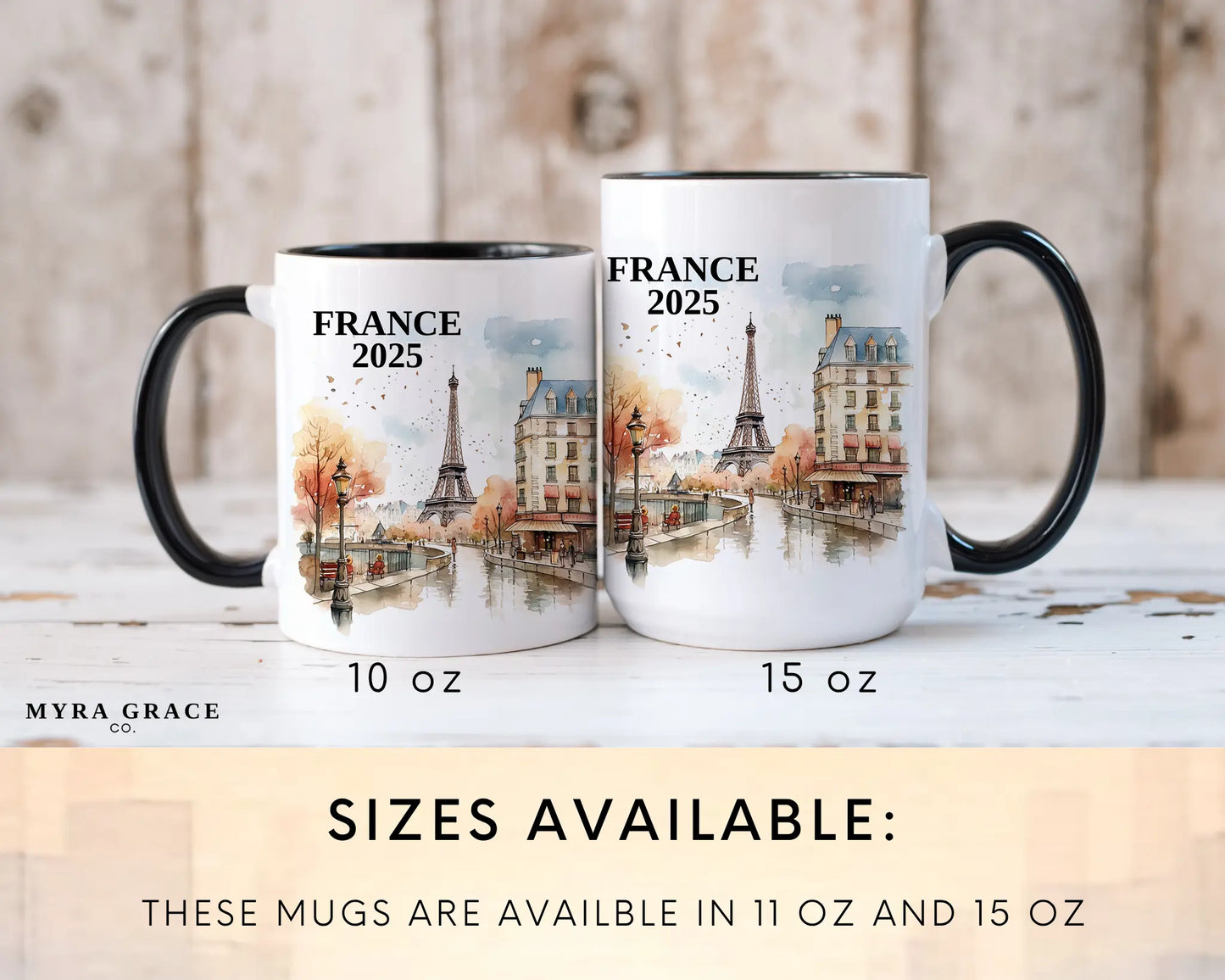 Custom ceramic France vacation mug with watercolor location design, date, and personal photo – personalized travel gift or photo mug. Sizes available