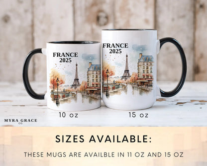 Custom ceramic France vacation mug with watercolor location design, date, and personal photo – personalized travel gift or photo mug. Sizes available