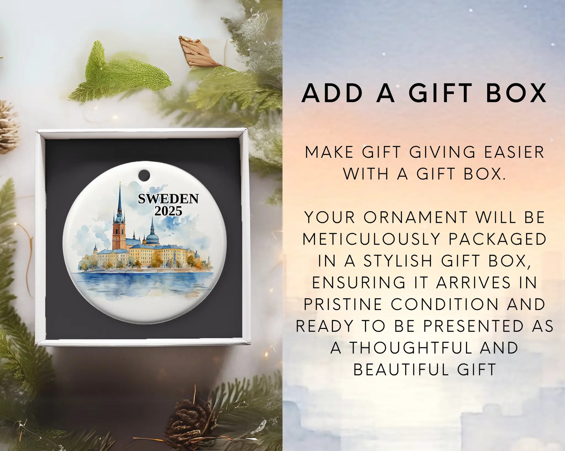 Custom Sweden ceramic photo ornament with personalized message – handmade Christmas bauble, gift souvenir, or vacation keepsake. Add gift box