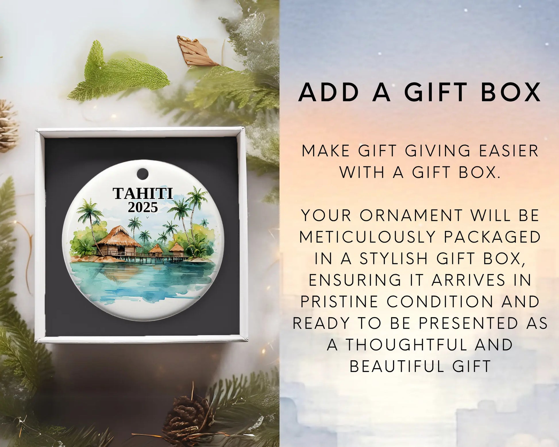 Custom Tahiti ceramic photo ornament with personalized message – handmade Christmas bauble, gift souvenir, or vacation keepsake. Add gift box