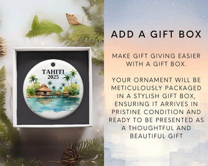 Custom Tahiti ceramic photo ornament with personalized message – handmade Christmas bauble, gift souvenir, or vacation keepsake. Add gift box