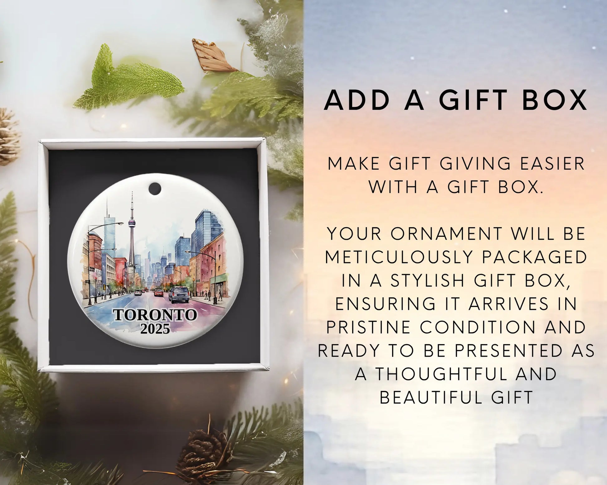 Custom Toronto Canada ceramic photo ornament with personalized message – handmade Christmas bauble, gift souvenir, or vacation keepsake. Add a gift box