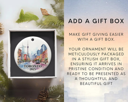 Custom Toronto Canada ceramic photo ornament with personalized message – handmade Christmas bauble, gift souvenir, or vacation keepsake. Add a gift box