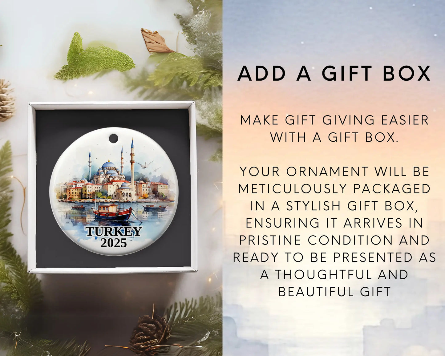 Custom Turkey ceramic photo ornament with personalized message – handmade Christmas bauble, gift souvenir, or vacation keepsake. Add gift box