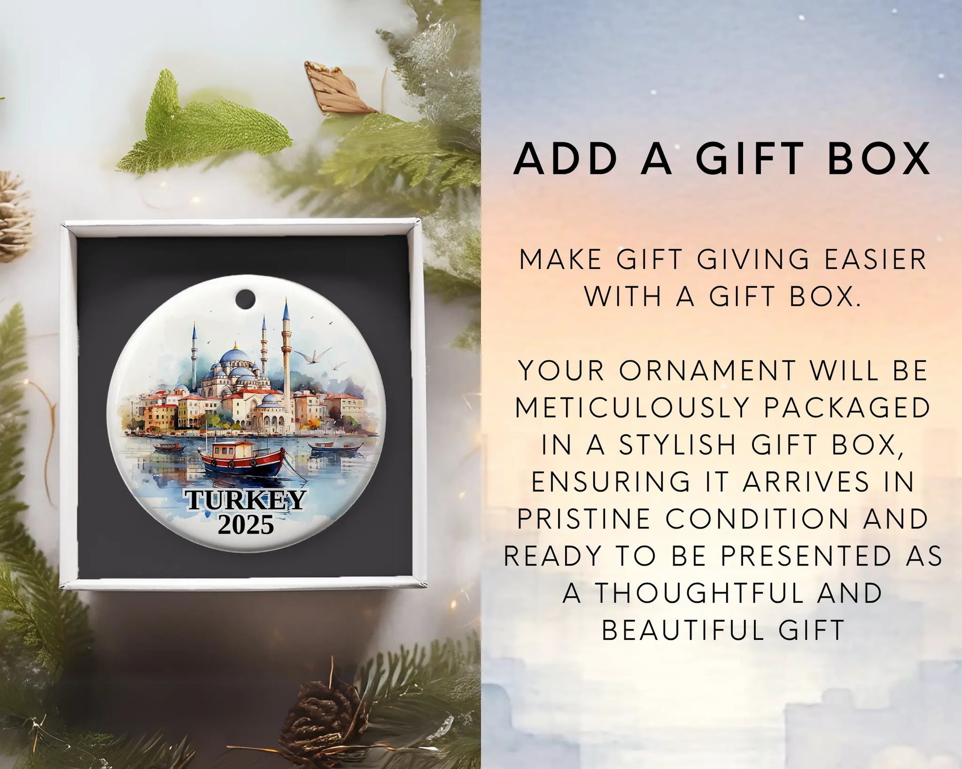 Custom Turkey ceramic photo ornament with personalized message – handmade Christmas bauble, gift souvenir, or vacation keepsake. Add gift box