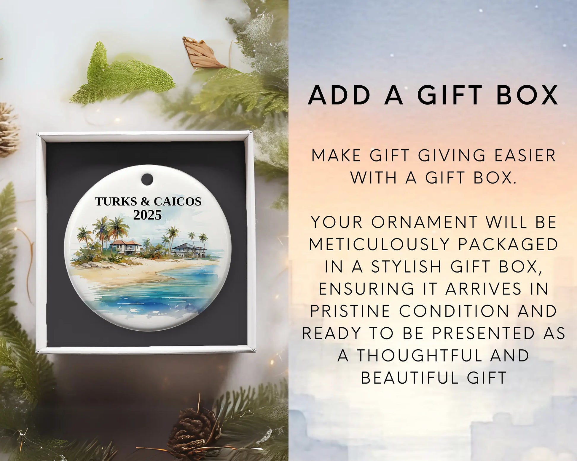Custom Turks and Caicos ceramic photo ornament with personalized message – handmade Christmas bauble, gift souvenir, or vacation keepsake. Add gift box