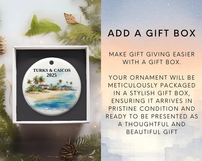 Custom Turks and Caicos ceramic photo ornament with personalized message – handmade Christmas bauble, gift souvenir, or vacation keepsake. Add gift box
