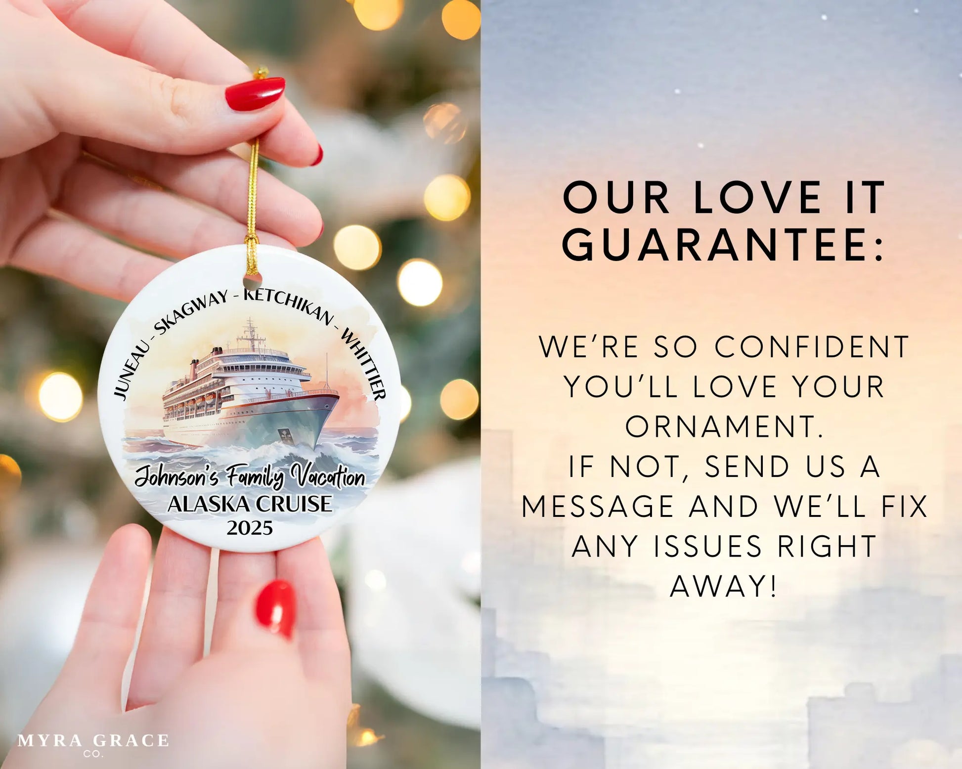 Handmade ceramic Alaska cruise ornament with personalized location and photo – custom Christmas bauble or cruise vacation souvenir. Love it guarantee