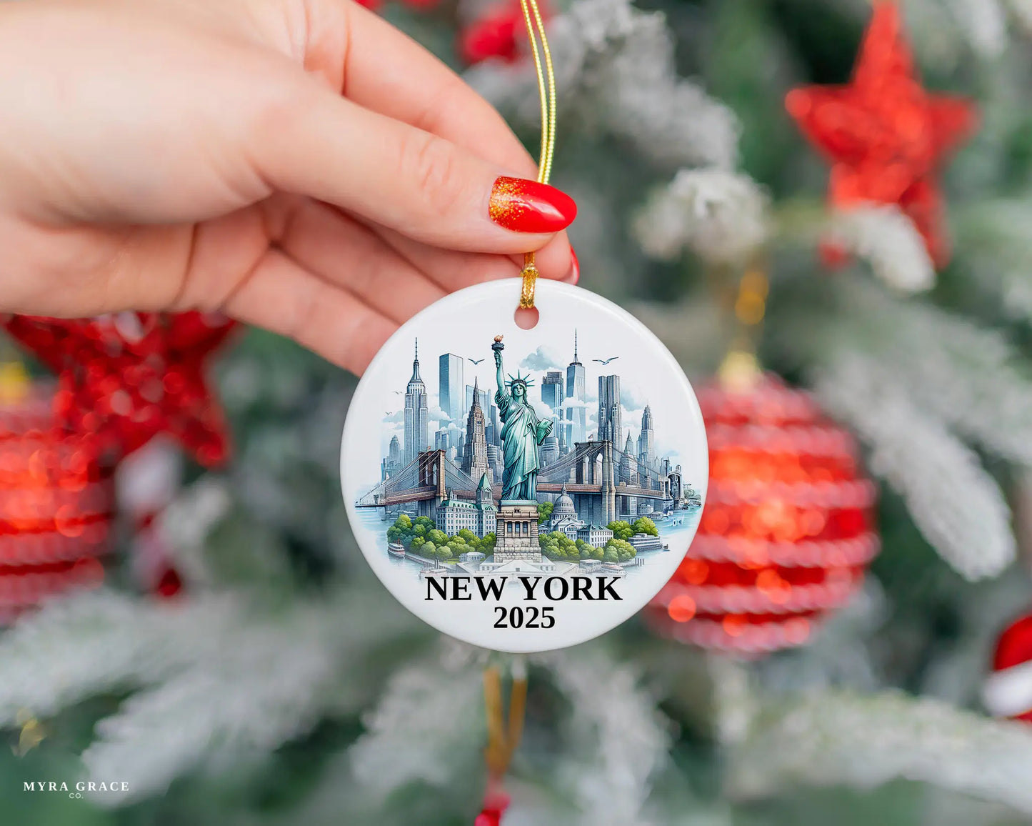 Custom New York Statue of Liberty ceramic photo ornament with personalized message – handmade Christmas bauble, gift souvenir, or vacation keepsake.  