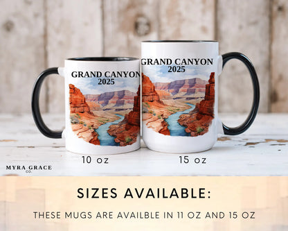 Custom ceramic Grand Canyon vacation mug with watercolor location design, date, and personal photo – personalized travel gift or photo mug. Sizes available