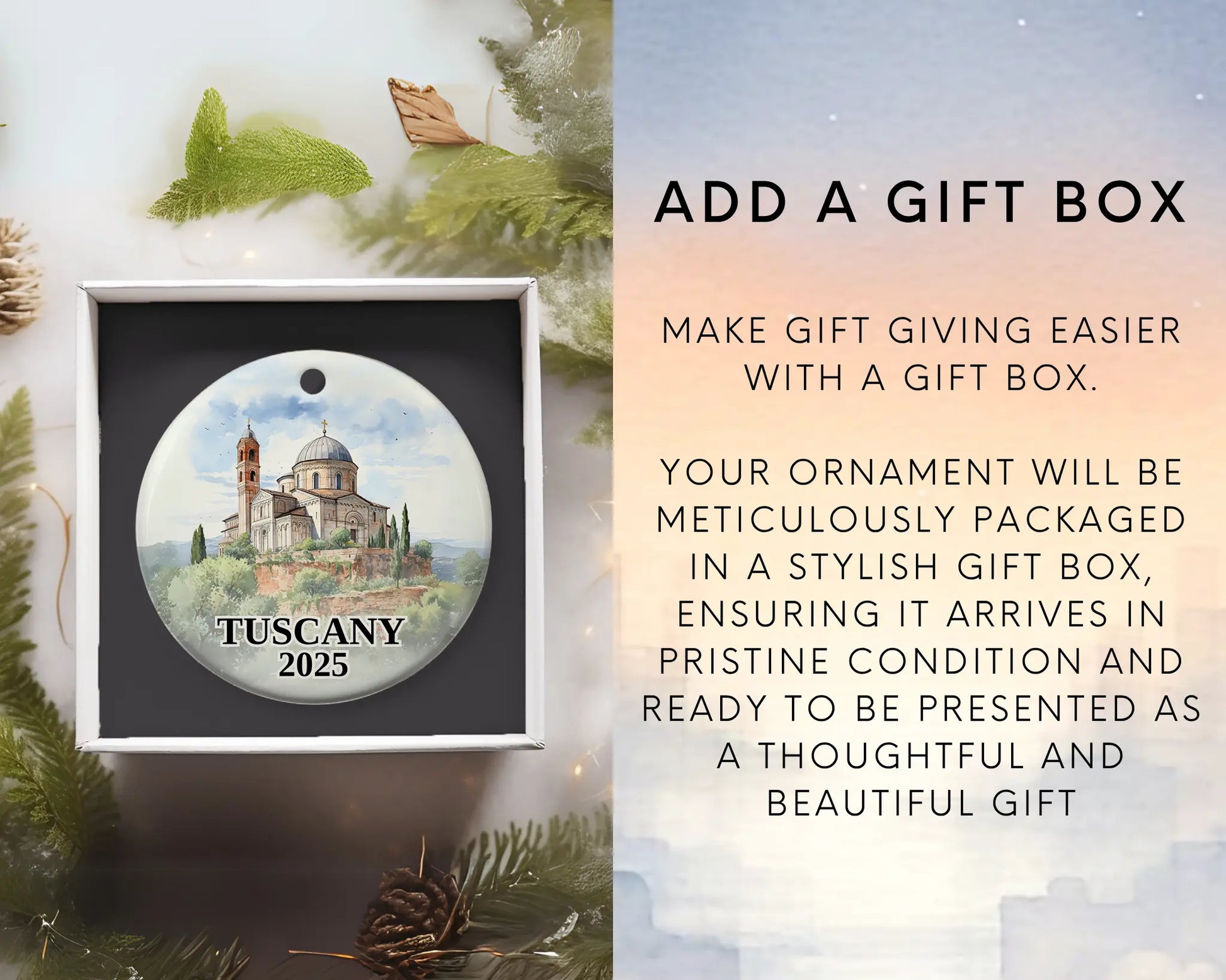 Custom Tuscany Italy ceramic photo ornament with personalized message – handmade Christmas bauble, gift souvenir, or vacation keepsake. Add gift box