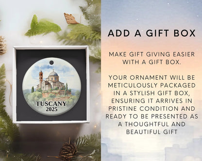 Custom Tuscany Italy ceramic photo ornament with personalized message – handmade Christmas bauble, gift souvenir, or vacation keepsake. Add gift box