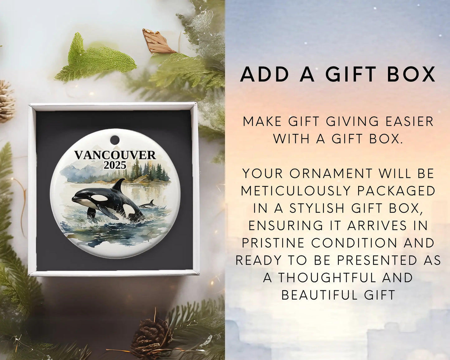 Custom Vancouver Canada Orca ceramic photo ornament with personalized message – handmade Christmas bauble, gift souvenir, or vacation keepsake. Add gift box