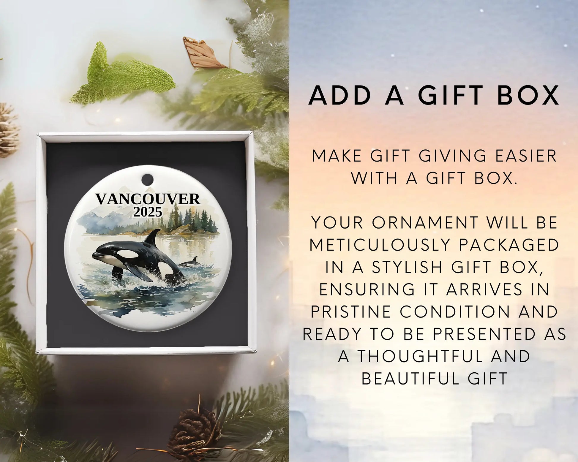 Custom Vancouver Canada Orca ceramic photo ornament with personalized message – handmade Christmas bauble, gift souvenir, or vacation keepsake. Add gift box