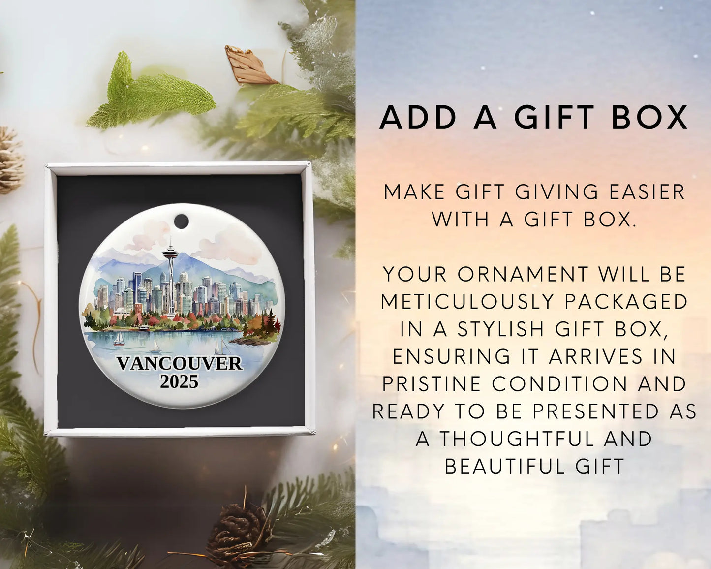 Custom Vancouver ceramic photo ornament with personalized message – handmade Christmas bauble, gift souvenir, or vacation keepsake. Add gift box