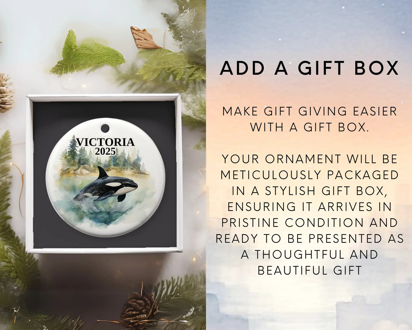 Custom Victoria Canada ceramic photo ornament with personalized message – handmade Christmas bauble, gift souvenir, or vacation keepsake. Add gift box