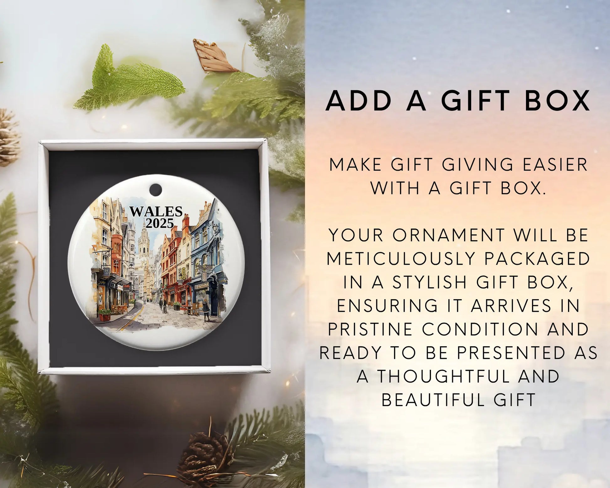 Custom Wales ceramic photo ornament with personalized message – handmade Christmas bauble, gift souvenir, or vacation keepsake. Add gift box